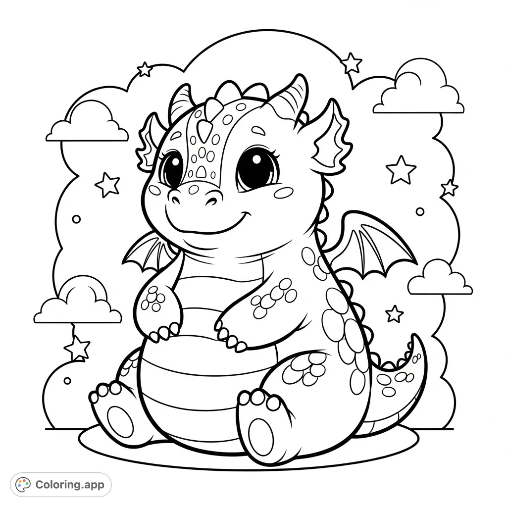 A charming and simple dragon coloring page, perfect for young artists. This free printable features a cute, plump dragon with patterned scales, surrounded by whimsical clouds and stars.