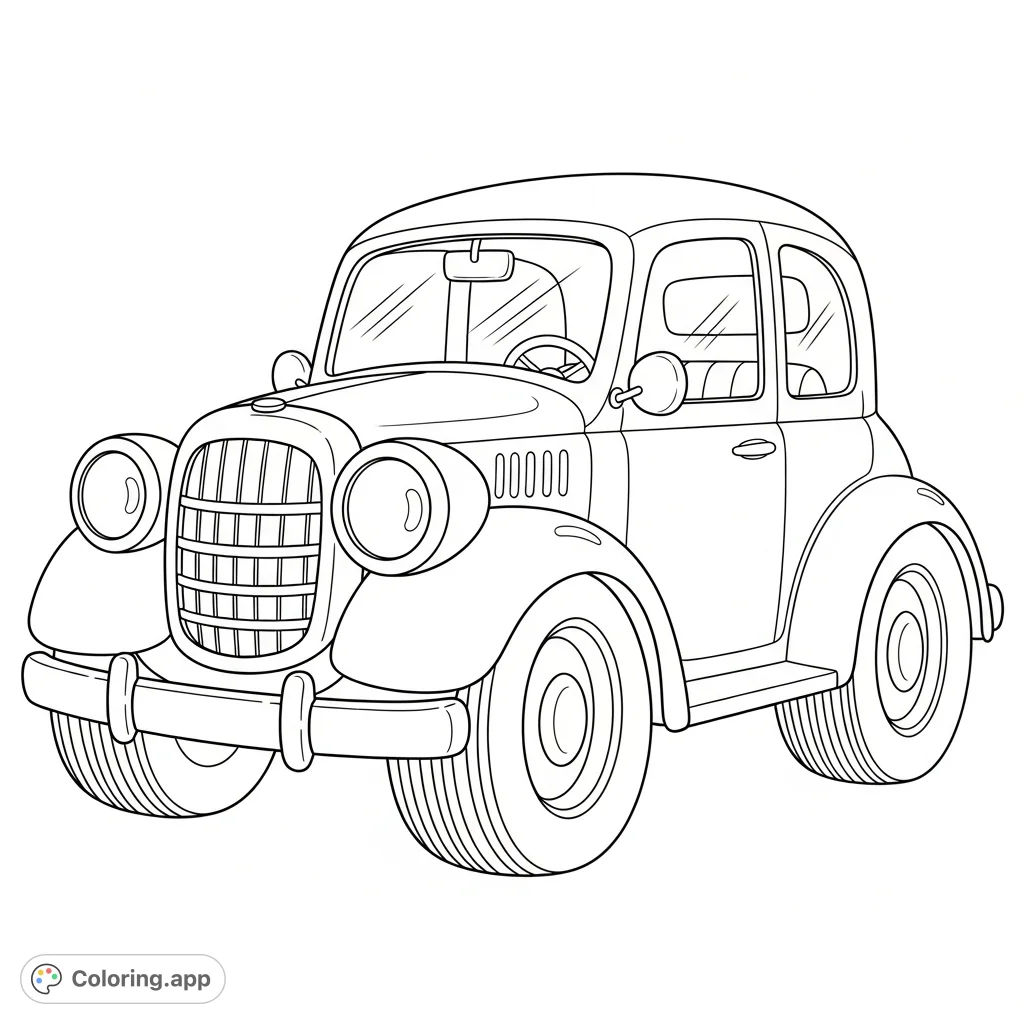 A delightful cartoon old car coloring page featuring exaggerated, rounded forms, large headlights, and a friendly grille. Perfect for a fun coloring session!