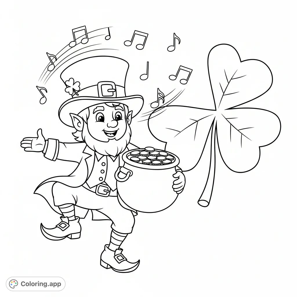 A festive Irish leprechaun dances energetically, holding a pot of gold, surrounded by musical notes and a lucky shamrock. Perfect for St.
