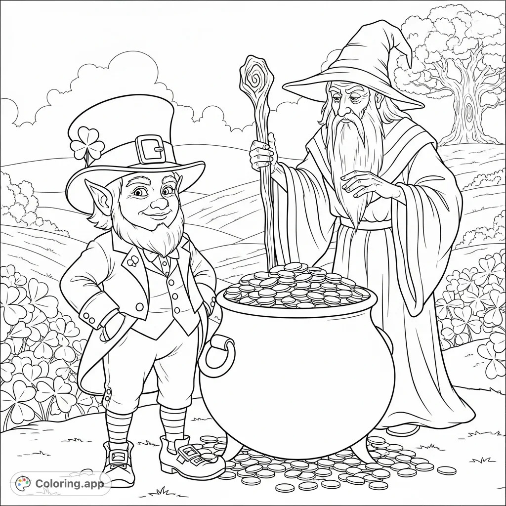 A whimsical fantasy scene featuring a small leprechaun guarding a pot of gold, with a wise wizard observing the magical moment. Perfect for fantasy enthusiasts.