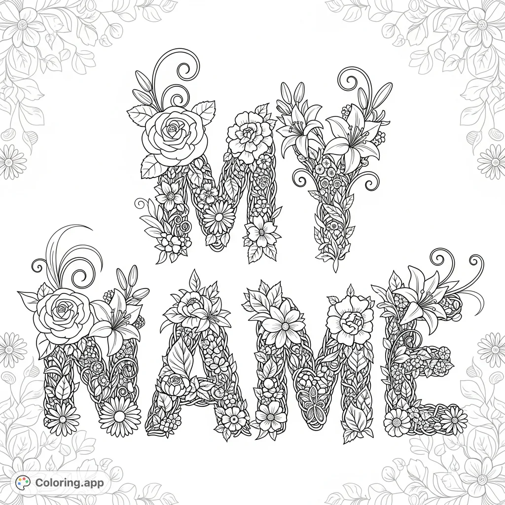 Personalized botanical name coloring page featuring lavish letters formed from winding stems, roses, lilies, daisies, and intricate tendrils.