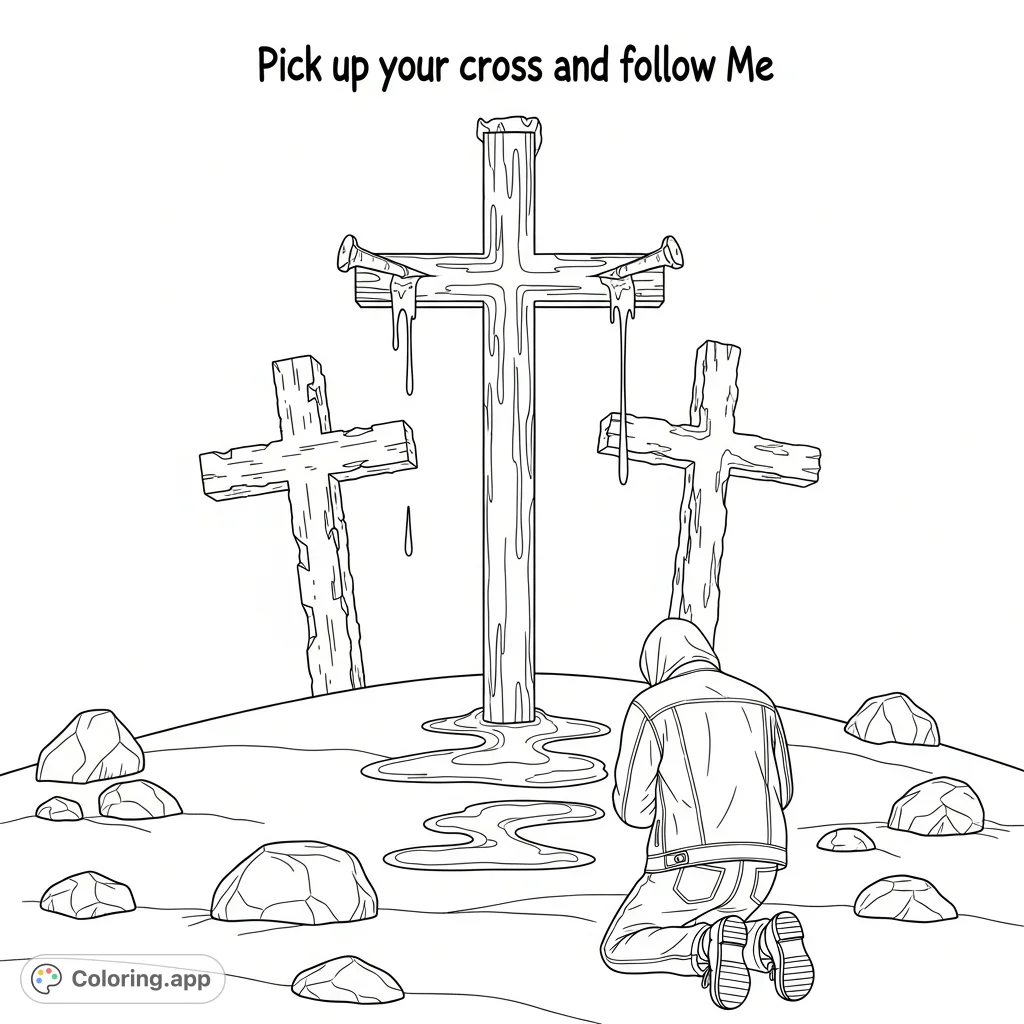 A profound religious coloring page depicting three crosses on a hill with a kneeling figure and inspirational text, perfect for reflection.