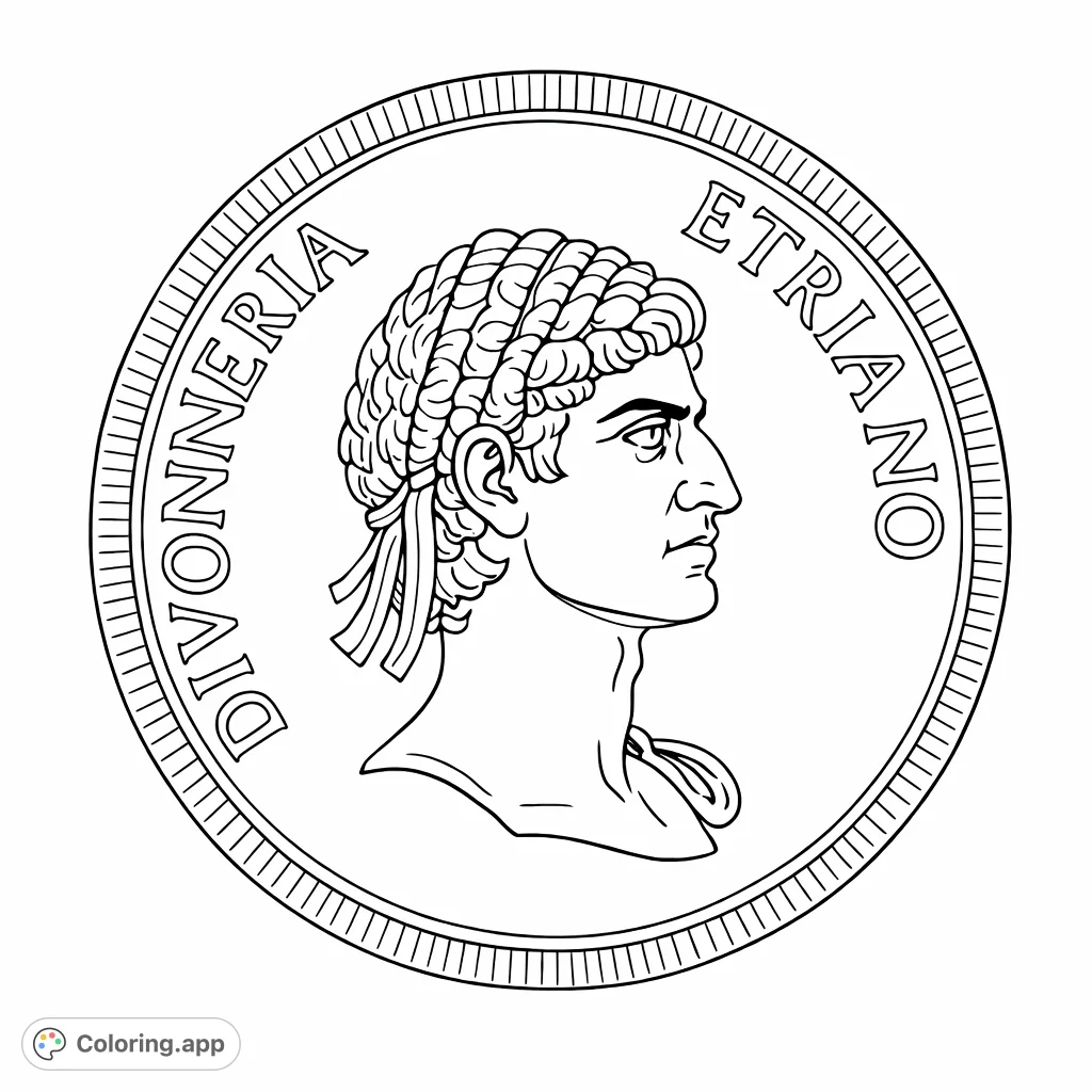 Color a detailed ancient coin featuring a historical profile bust and intricate border, perfect for history enthusiasts and aspiring numismatists.