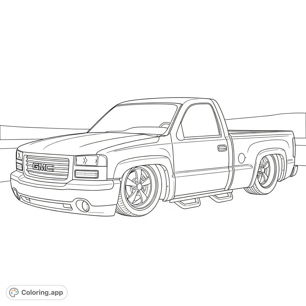 Color a custom lowered GMC single cab truck with sleek side steps and distinct body lines. Perfect for vehicle enthusiasts and aspiring designers.