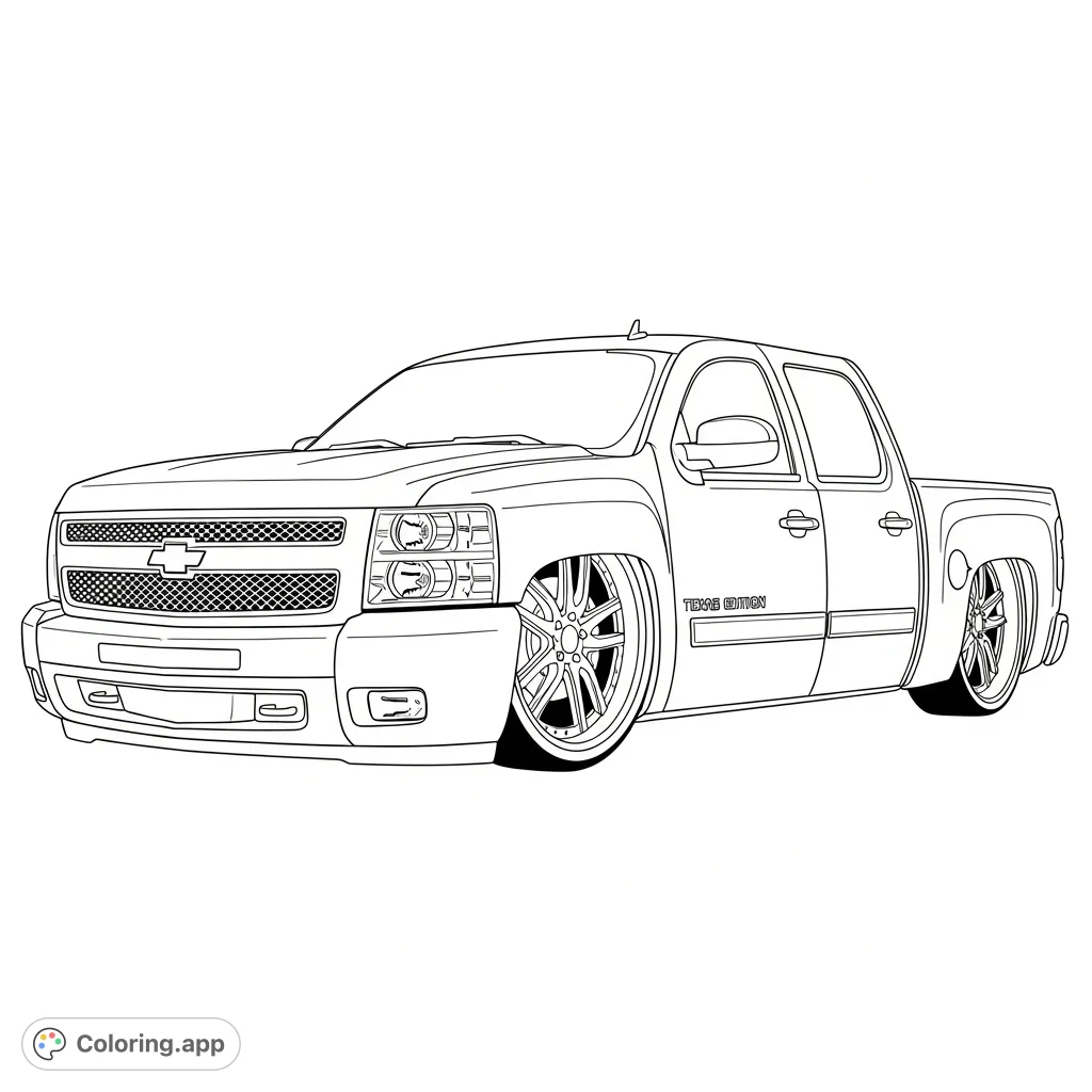 A detailed 2008 Chevy Silverado Texas Edition truck, lowered with custom multi-spoke rims, ready for personalization.