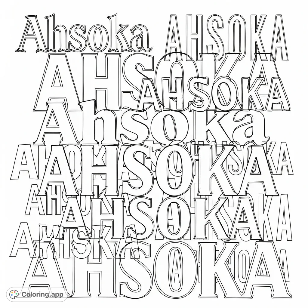 An intricate abstract typography coloring page featuring the name "Ahsoka" in various overlapping fonts. A unique challenge for fans and art enthusiasts.