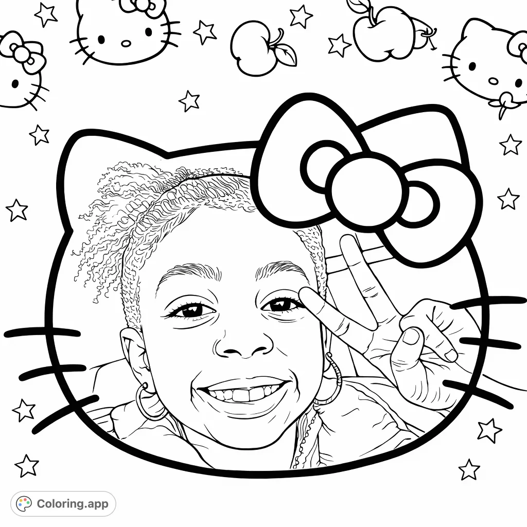 A joyful child making a peace sign, framed within a beloved character's outline with a prominent bow, surrounded by a whimsical pattern of stars and apples.