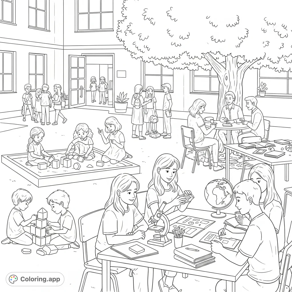 Explore the lively Colegio Custodio García Rovira de Málaga courtyard, featuring students of all ages engaged in learning and play, with educational tools nearby.