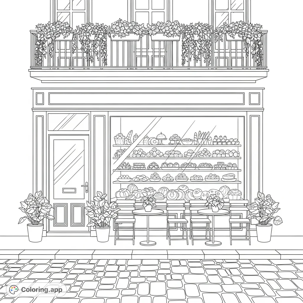 Explore a delightful coffee shop storefront, complete with intricate pastries, lush plants, and detailed architectural elements. A perfect free printable coloring page.