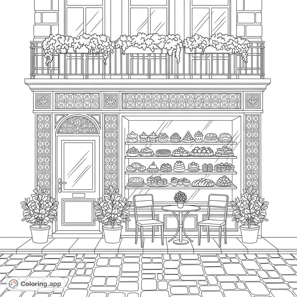 Step into a world of detailed charm with this realistic coffee shop coloring page. Featuring outdoor seating, a window full of pastries, and lush plants.