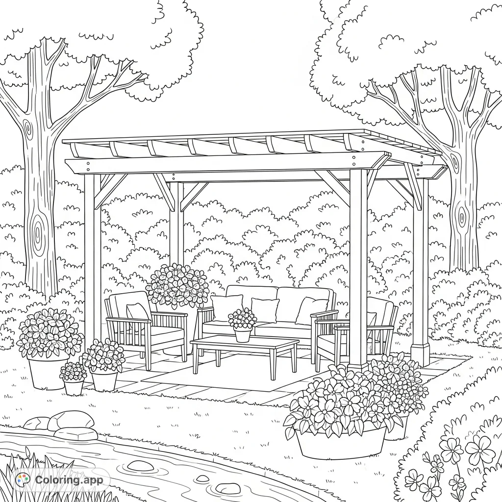 Discover a peaceful garden pergola with cozy furniture, a winding stream, and abundant flowers. A serene retreat awaiting your creative touch.