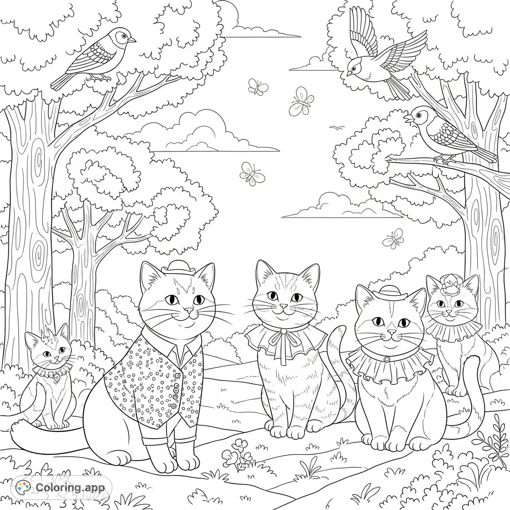 Discover an adorable scene featuring cats in charming outfits amidst a vibrant outdoor setting with trees, birds, and butterflies. A delightful coloring page!