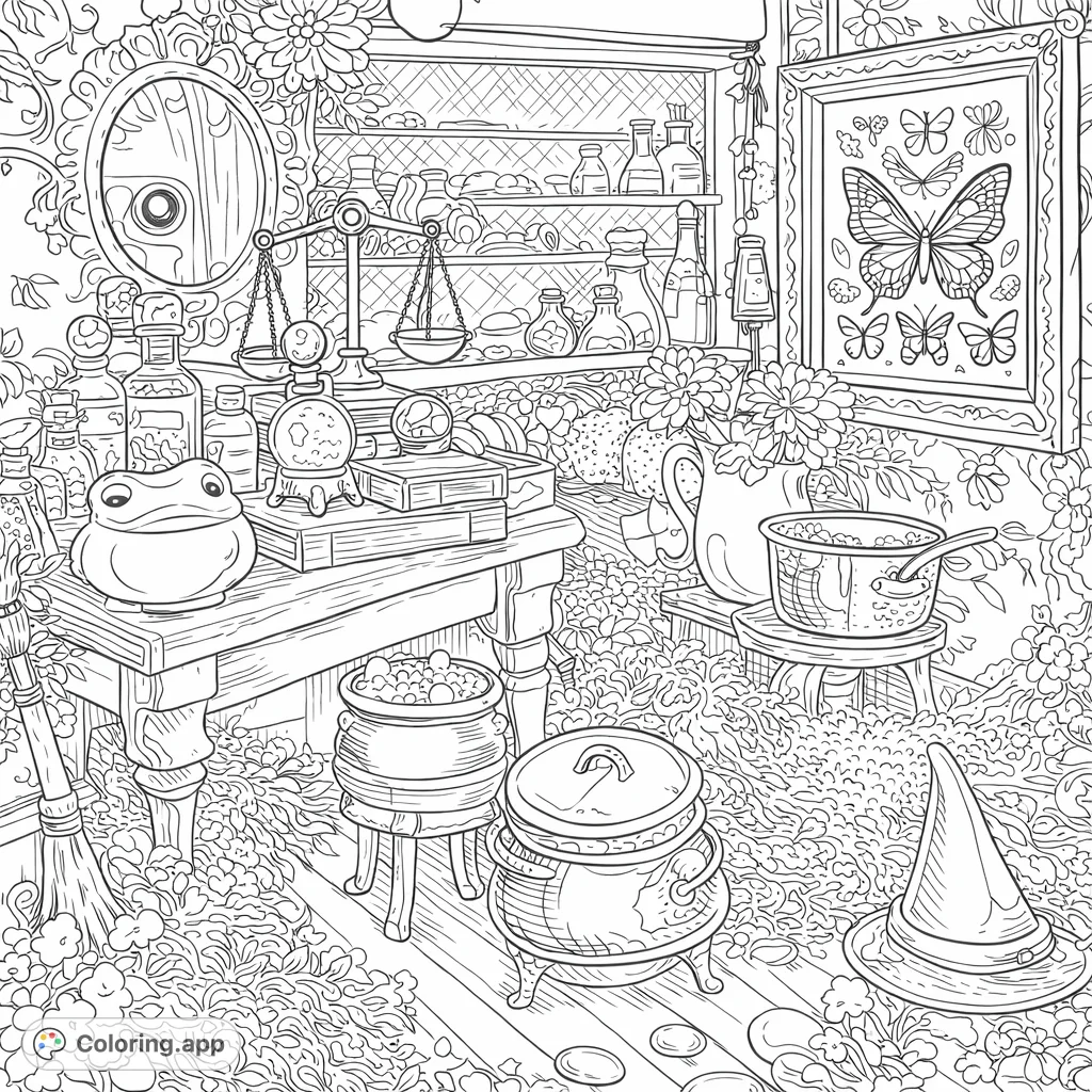 Explore a detailed witch's study, filled with enchanting objects like potion bottles, ancient books, mystical scales, and a cozy broom. A magical scene awaits!
