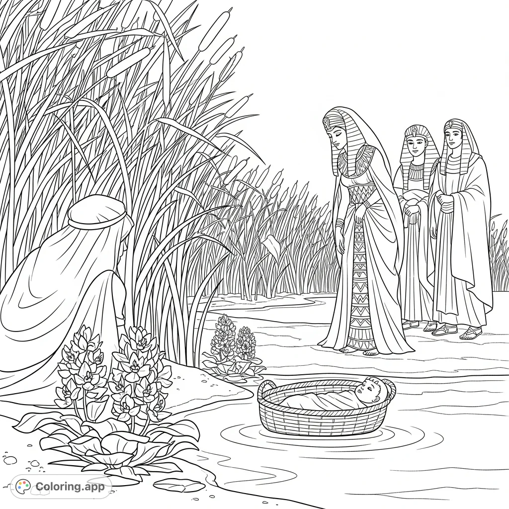 Witness the dramatic moment Baby Moses is discovered amidst swaying reeds by Pharaoh's daughter and her attendants, observed by his sister. A compelling biblical scene.
