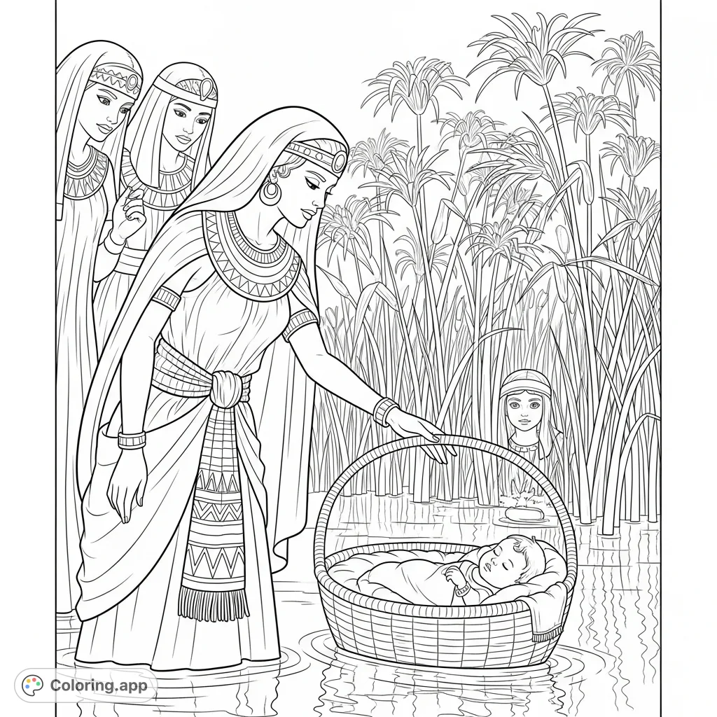 Pharaoh's daughter finds baby Moses in a reed basket by the river, observed by curious court ladies and a hidden young girl in this biblical scene.