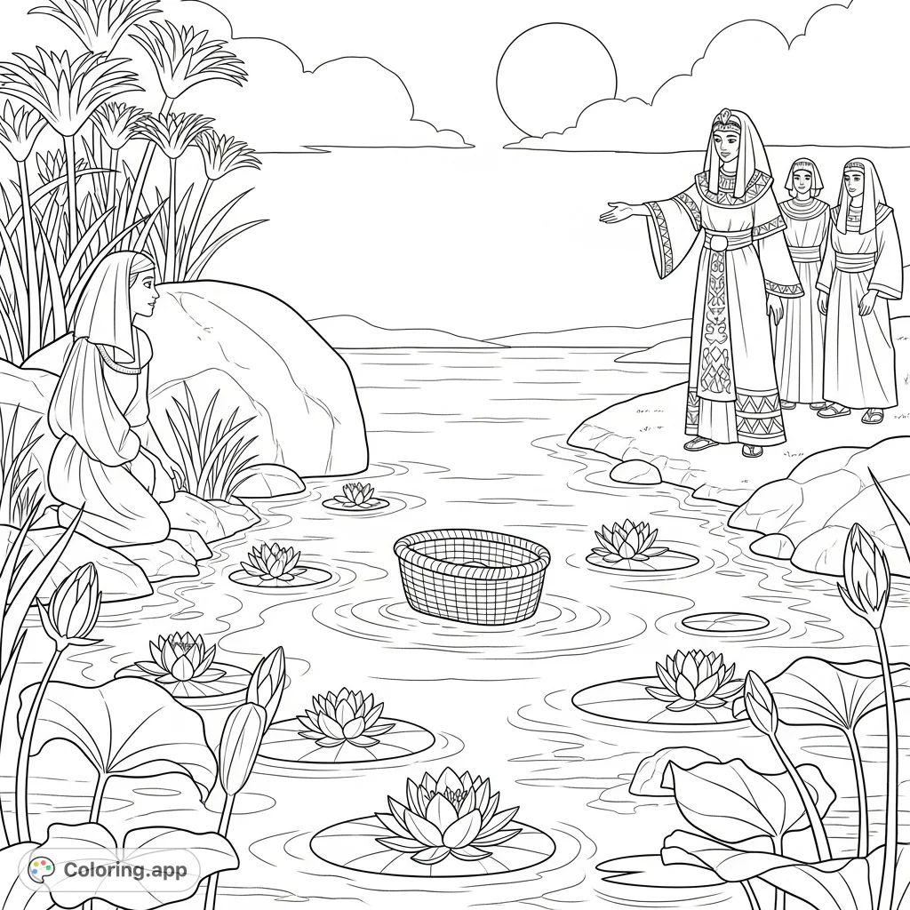 Experience a pivotal moment on the Nile: Moses's sister watches from papyrus while Pharaoh's daughter discovers the basket. A detailed biblical scene.