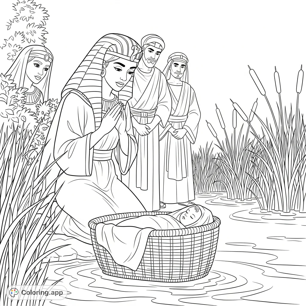 Discover Pharaoh's daughter finding Baby Moses in a reed basket. A detailed biblical scene with attendants, arching reeds, and Moses's watchful sister.