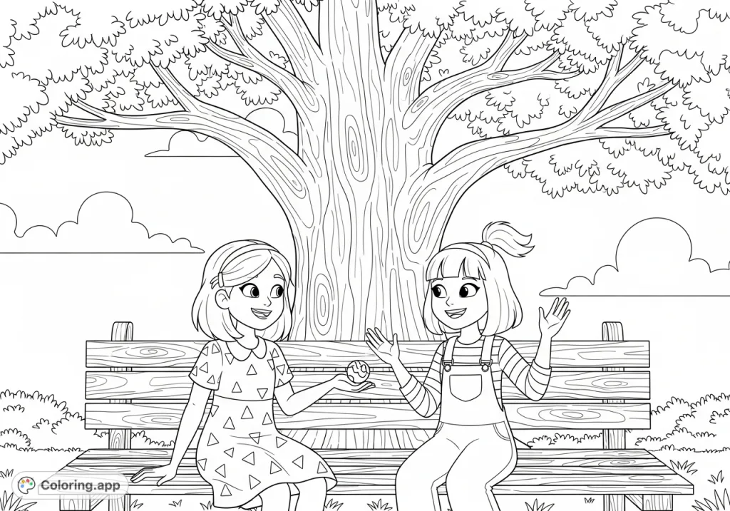 Capture a heartwarming Em and Chloe coloring page, sharing a joyful moment on a park bench. Perfect for young colorists to express friendship and fun.