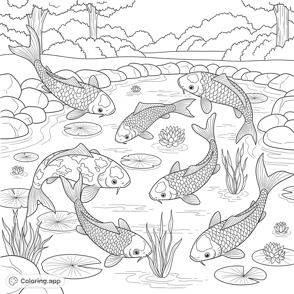 Discover a serene koi fish pond coloring page featuring graceful koi, lily pads, and natural park elements. A relaxing nature scene for all ages.