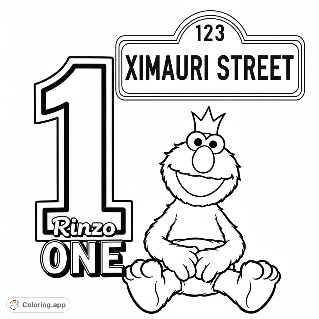 A delightful Elmo coloring page featuring the beloved character wearing a crown, beside a large numeral "1" and a whimsical street sign.