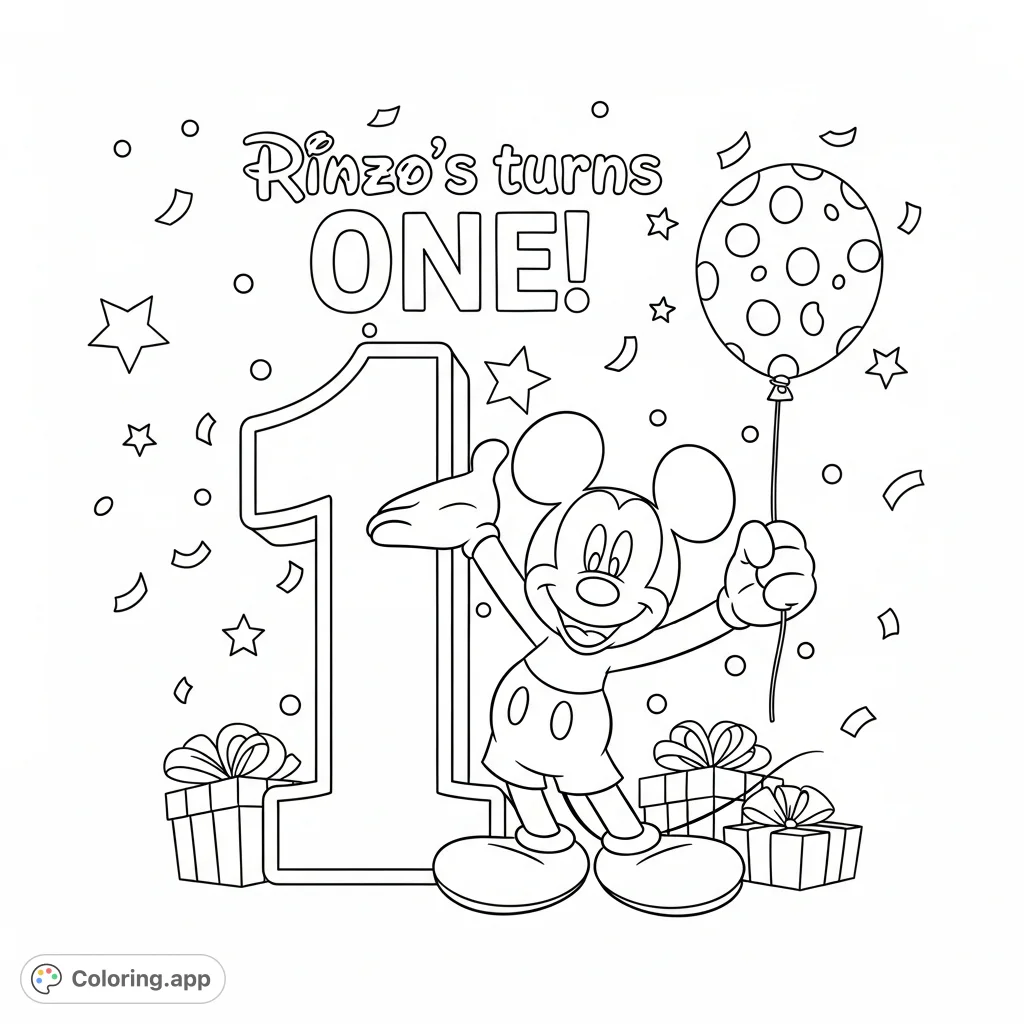 Celebrate with Mickey Mouse! ' message amidst confetti and gifts.