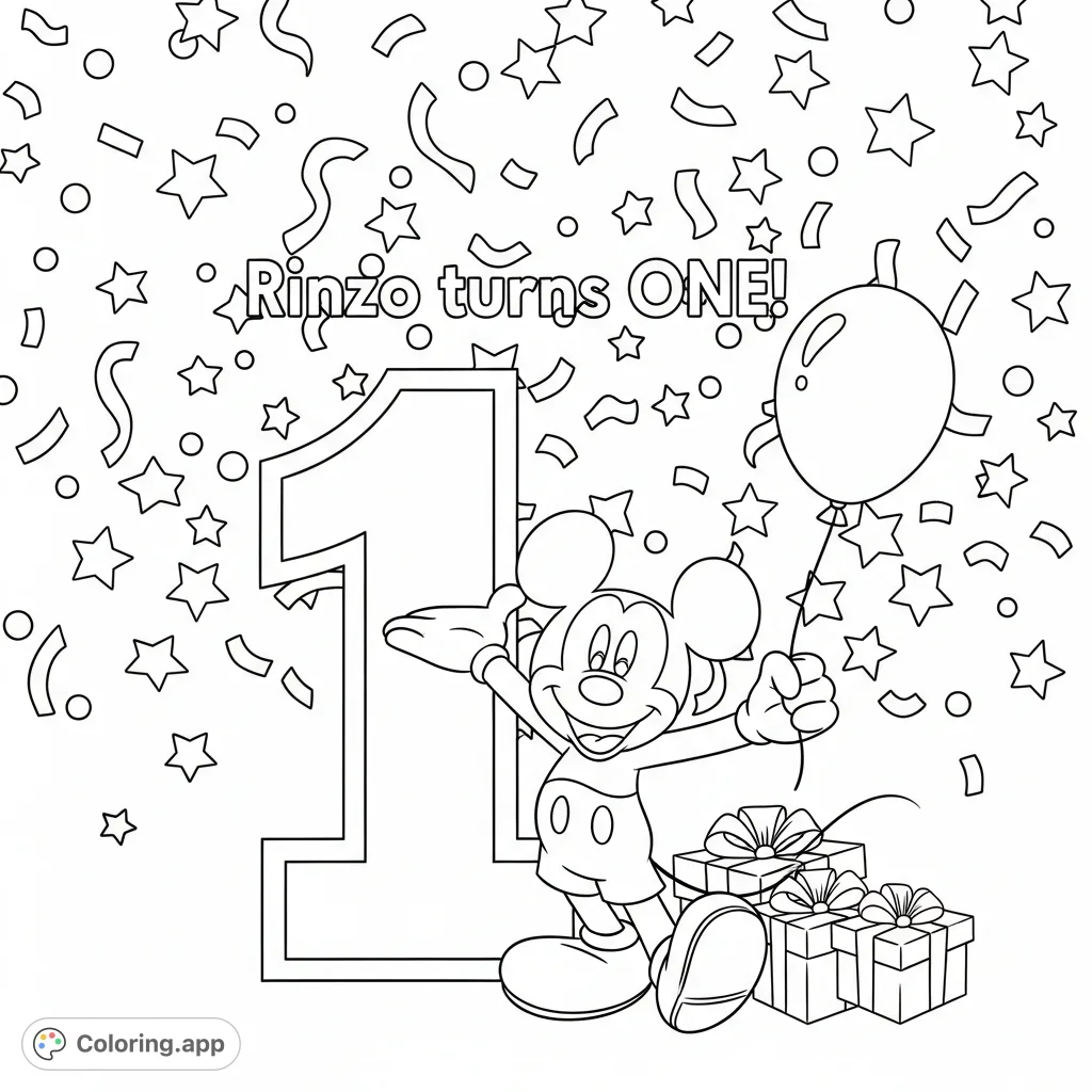 Celebrate a special birthday with Mickey Mouse! This free printable coloring page features Mickey, a large '5', party text, confetti, and gifts.