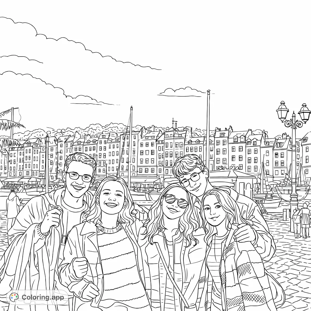 Capture the joy of friendship and travel with this intricate harbor cityscape coloring page featuring five friends amidst detailed buildings and boats.