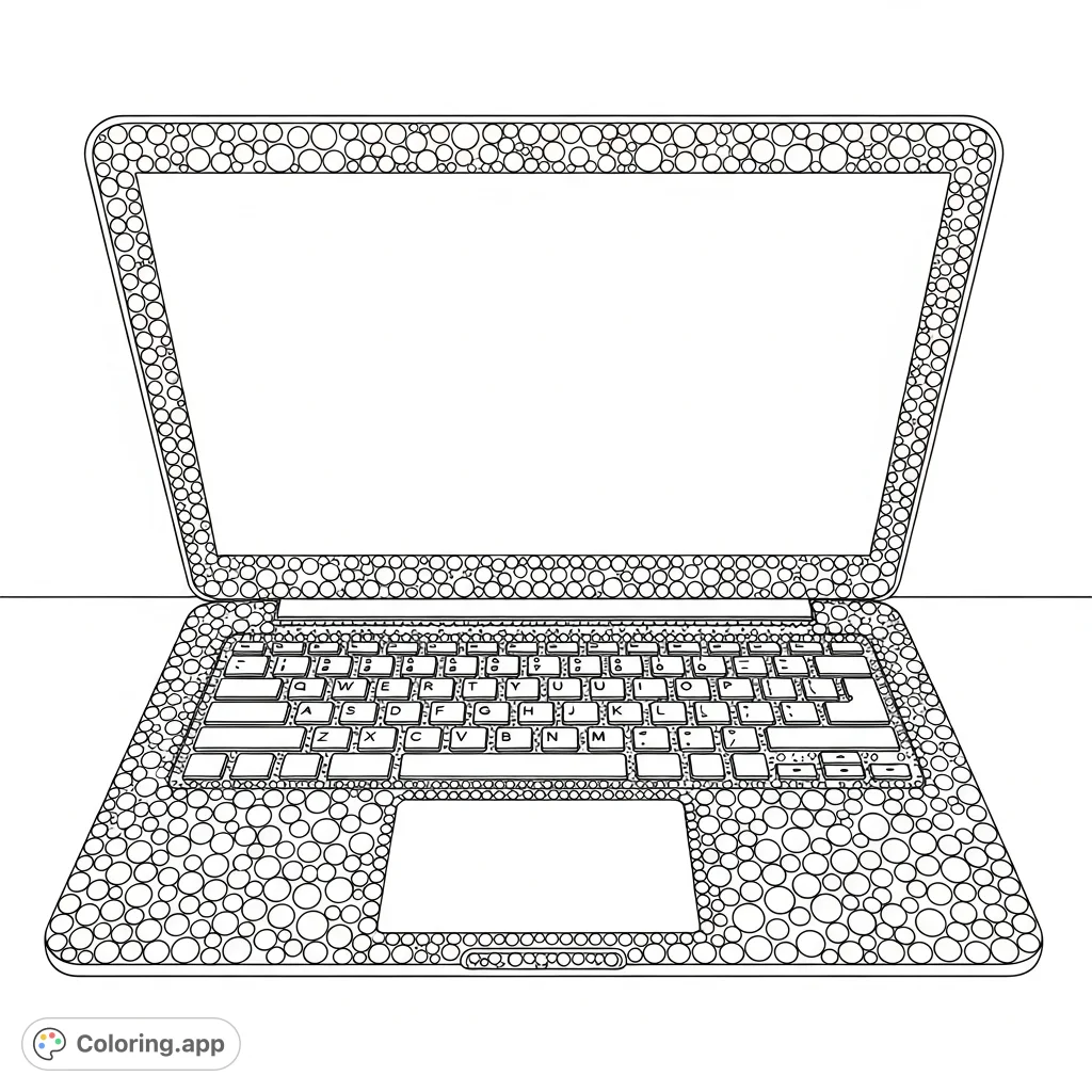 Unleash your creativity with a unique dot pattern laptop coloring page. Explore intricate circular designs forming a modern tech device.