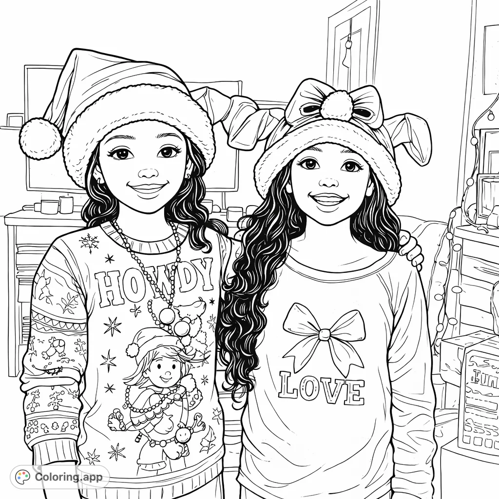 Two cheerful girls in unique character hats and festive attire, ready for a fun coloring adventure. Perfect for holiday joy and imaginative play.