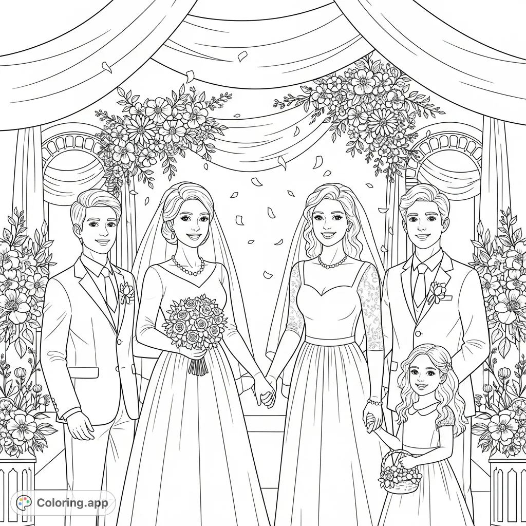 Celebrate love with this heartwarming wedding coloring page featuring two moms, their 16-year-old son, and 12-year-old daughter sharing a special day.