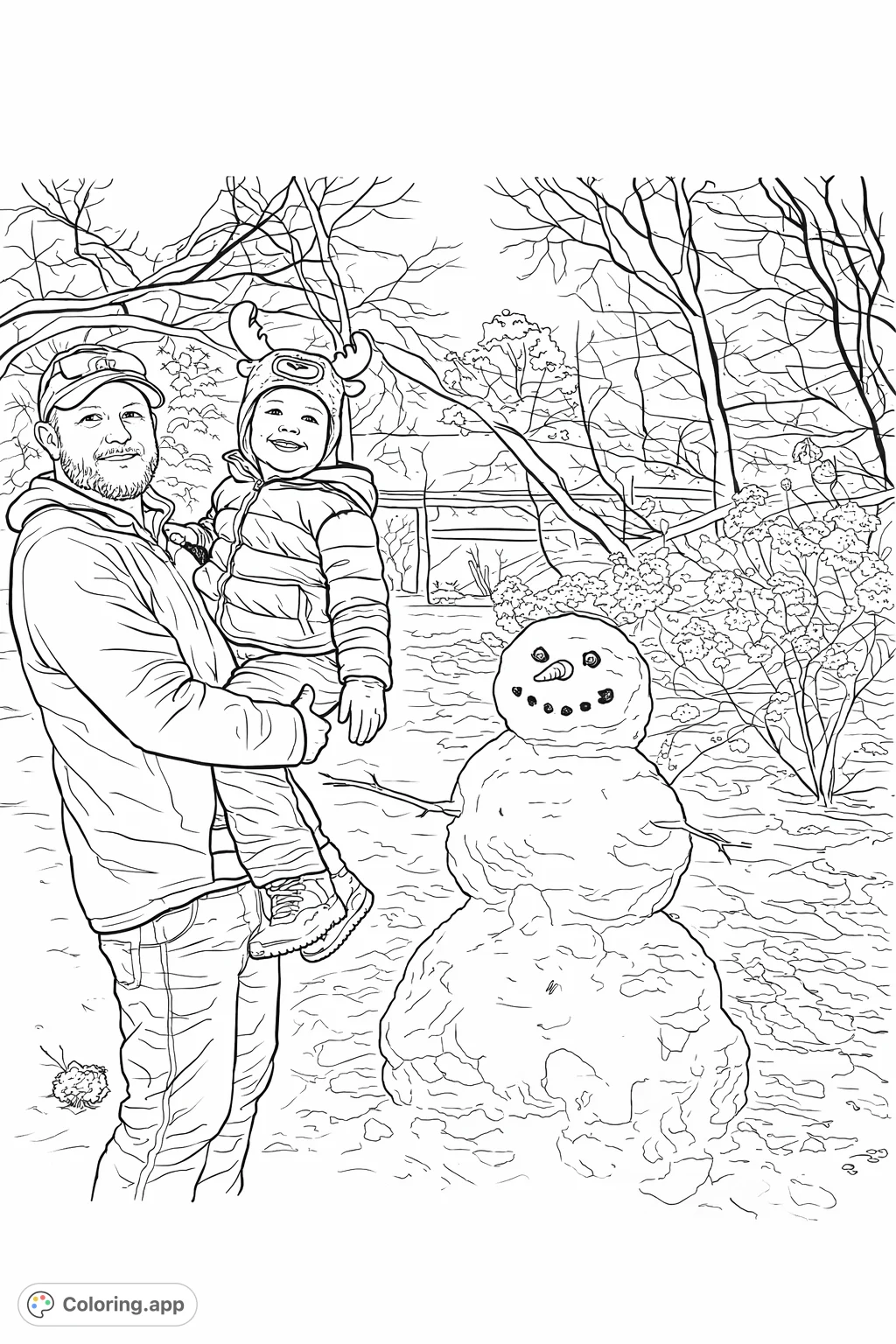 Enjoy a delightful winter scene with a man and child alongside their cheerful snowman, perfect for capturing cozy moments and sparking creative imagination.