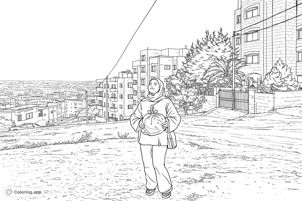 Explore an urban landscape featuring a serene figure holding a package, set against a backdrop of distant buildings and an overcast sky. A detailed cityscape coloring page for all ages.