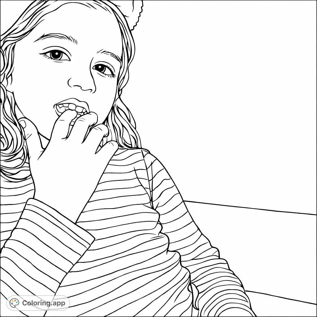 A charming coloring page featuring a young child in a striped shirt, with a hand near their mouth. Perfect for kids to express creativity with playful patterns.