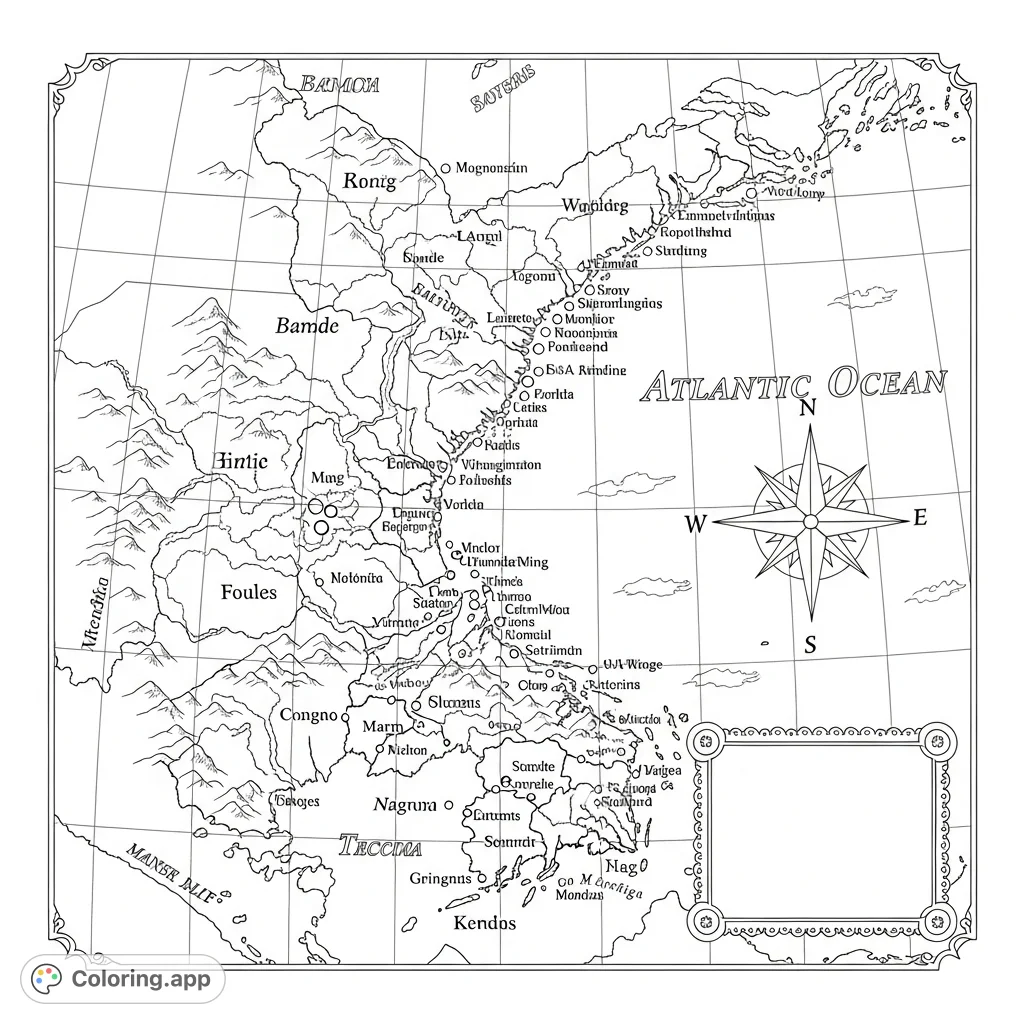 Explore history with this detailed Colonial America 1776 map coloring page. Outline the thirteen colonies, major cities, and geographic features.