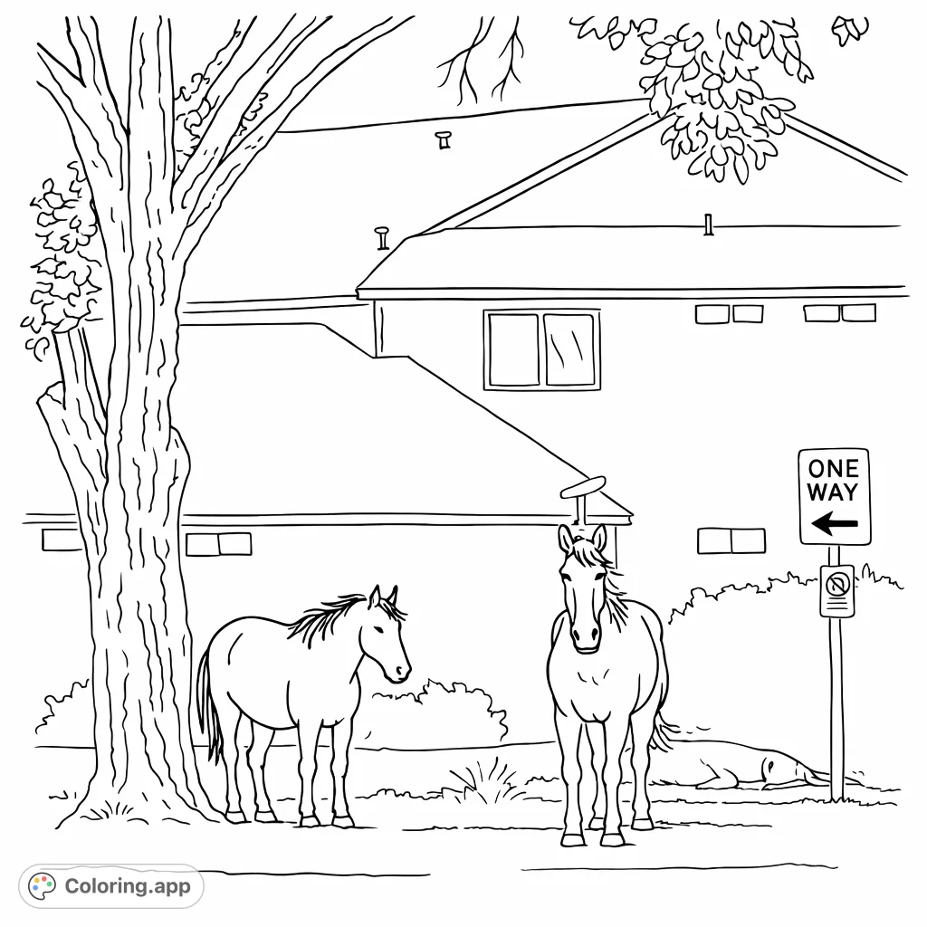 Discover this charming horses coloring page featuring three equine friends by a tree and building. A simple, hand-drawn sketch for all ages.