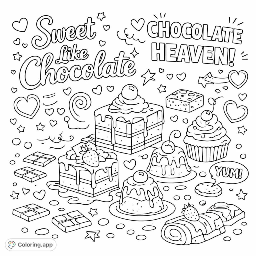 Explore a delightful chocolate dessert coloring page featuring a stack of cakes, cupcakes, brownies, and more, all on a fun, heart-patterned background.