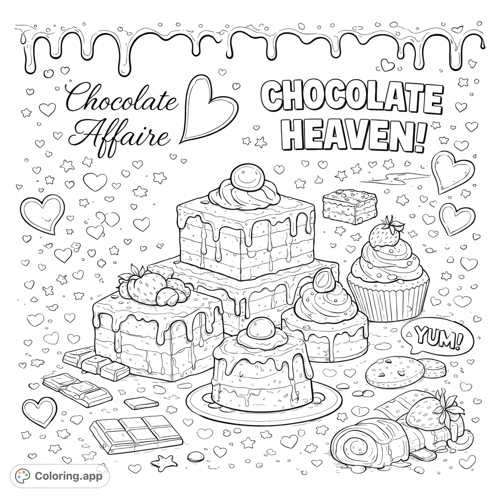 Dive into a delicious world of sweet treats with this dessert coloring page. Features a variety of cakes, cupcakes, and candies for a delightful experience.