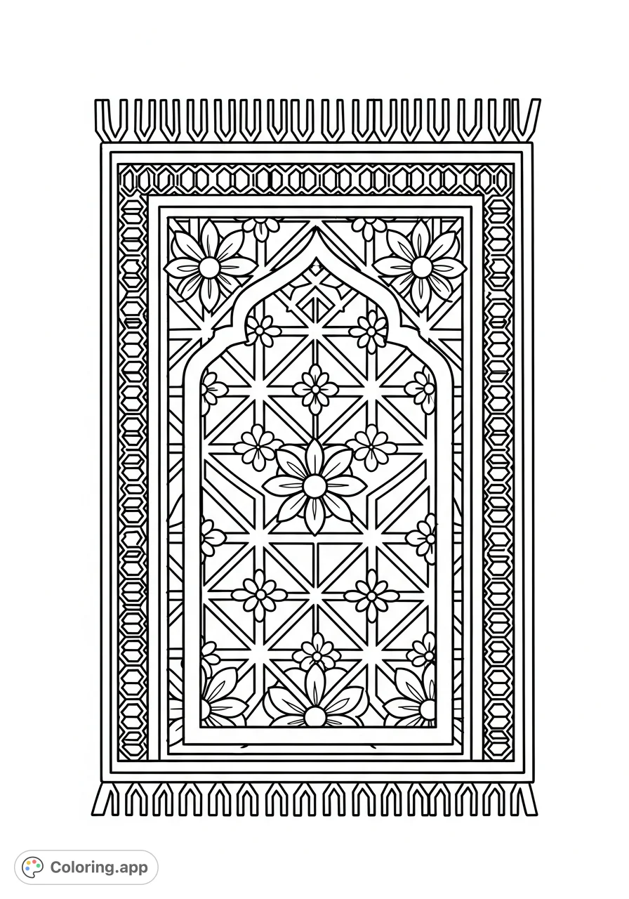 Discover a beautiful Islamic prayer mat coloring page featuring a symmetrical geometric floral pattern and thick outlines, perfect for creative expression.
