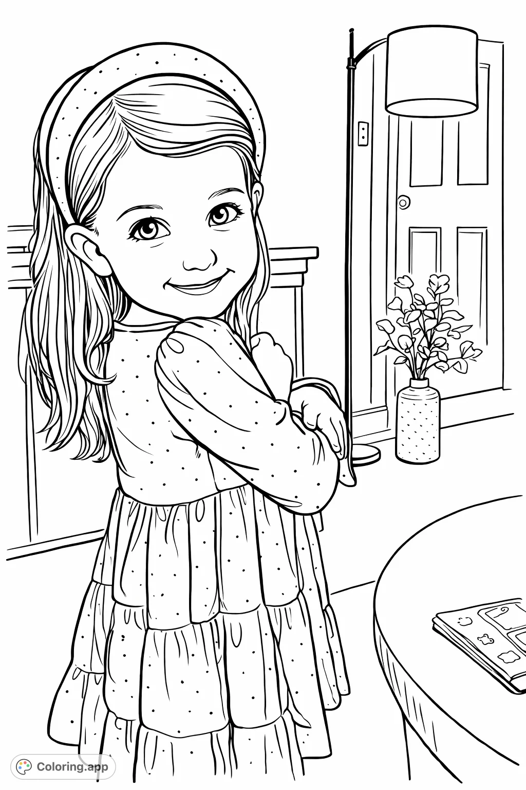 Capture the joyful expression of a child in a textured, tiered dress and headband, set in a cozy indoor scene. Perfect for creative relaxation!