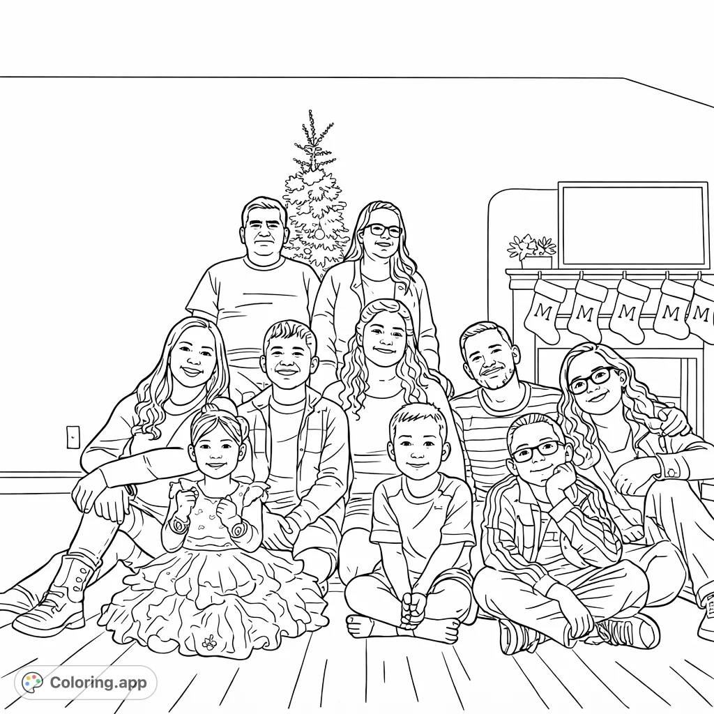 Capture the warmth of a family gathering with this detailed holiday portrait coloring page, featuring multiple generations and festive decorations.
