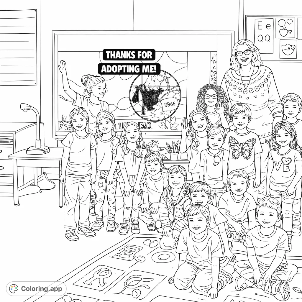 A joyful classroom scene featuring children and their teacher celebrating a cow adoption, with a large screen displaying the adopted animal.