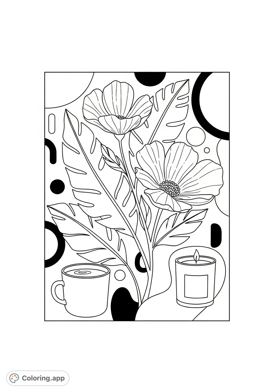 Discover tranquility with this minimalist botanical design, perfect for stress relief. Featuring bold lines, large spaces, and calming shapes.