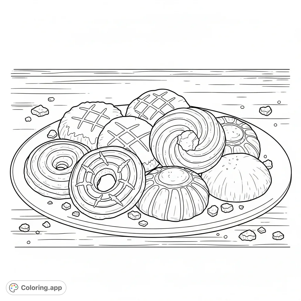 A delightful Mongolian butter cookies coloring page featuring a plate of patterned, freshly-baked treats. Perfect for foodies and bakers!