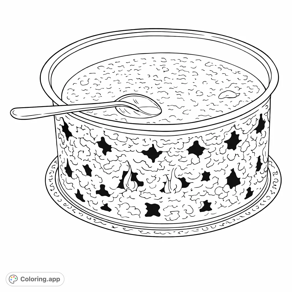 A detailed coloring page featuring a decorative food pot with a ladle, set in an intricately designed holder with illuminated elements, perfect for mindful coloring.