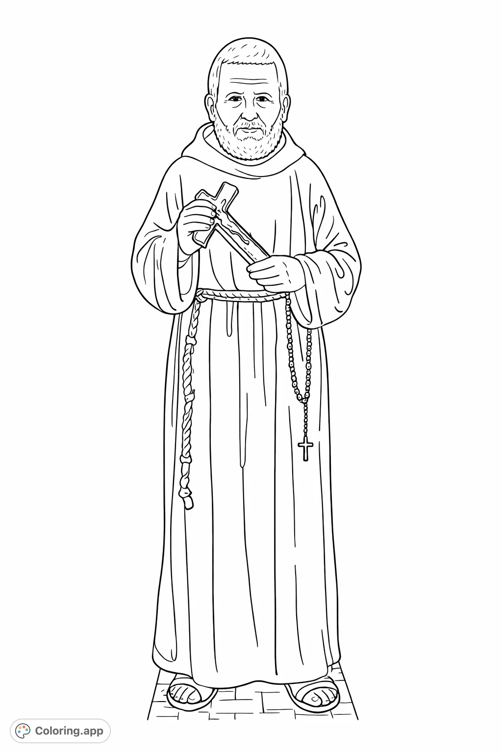 Color a revered figure holding a crucifix and rosary, standing on a patterned base. A spiritual and contemplative artwork for personal devotion and creative expression.