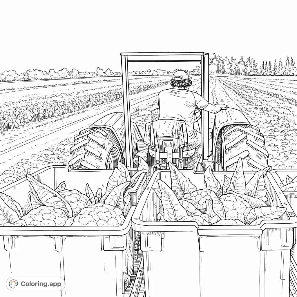 A detailed farm scene with crates full of harvested vegetables and a farmer on a tractor in the fields. Perfect for celebrating agriculture and rural life.
