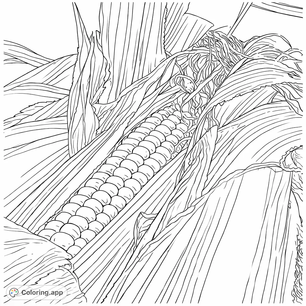 Discover the beauty of a freshly husked ear of corn with visible kernels and detailed husks. A delightful corn coloring page for all ages, perfect for harvest themes.