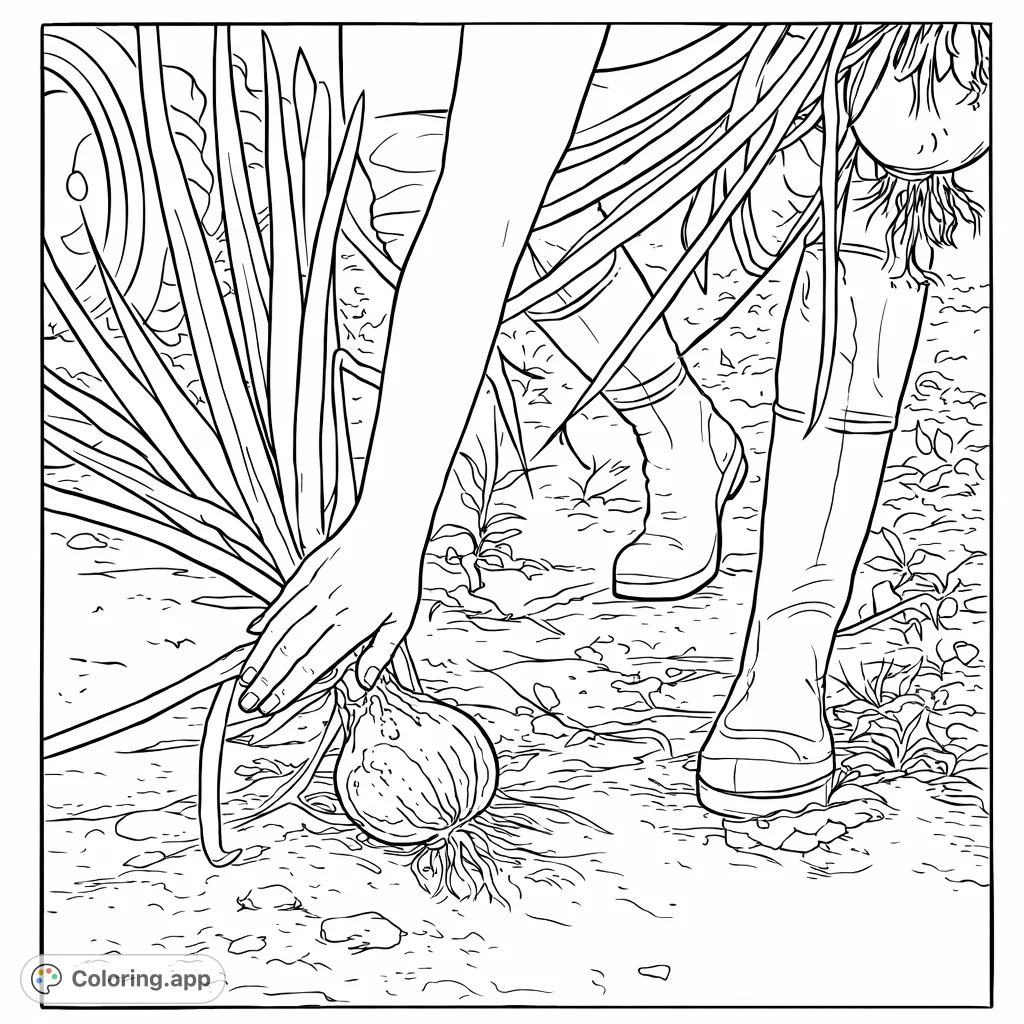 A detailed farm harvest scene, depicting hands gently pulling large, textured onions from the soil. Features sturdy boots and a tractor wheel in the background.