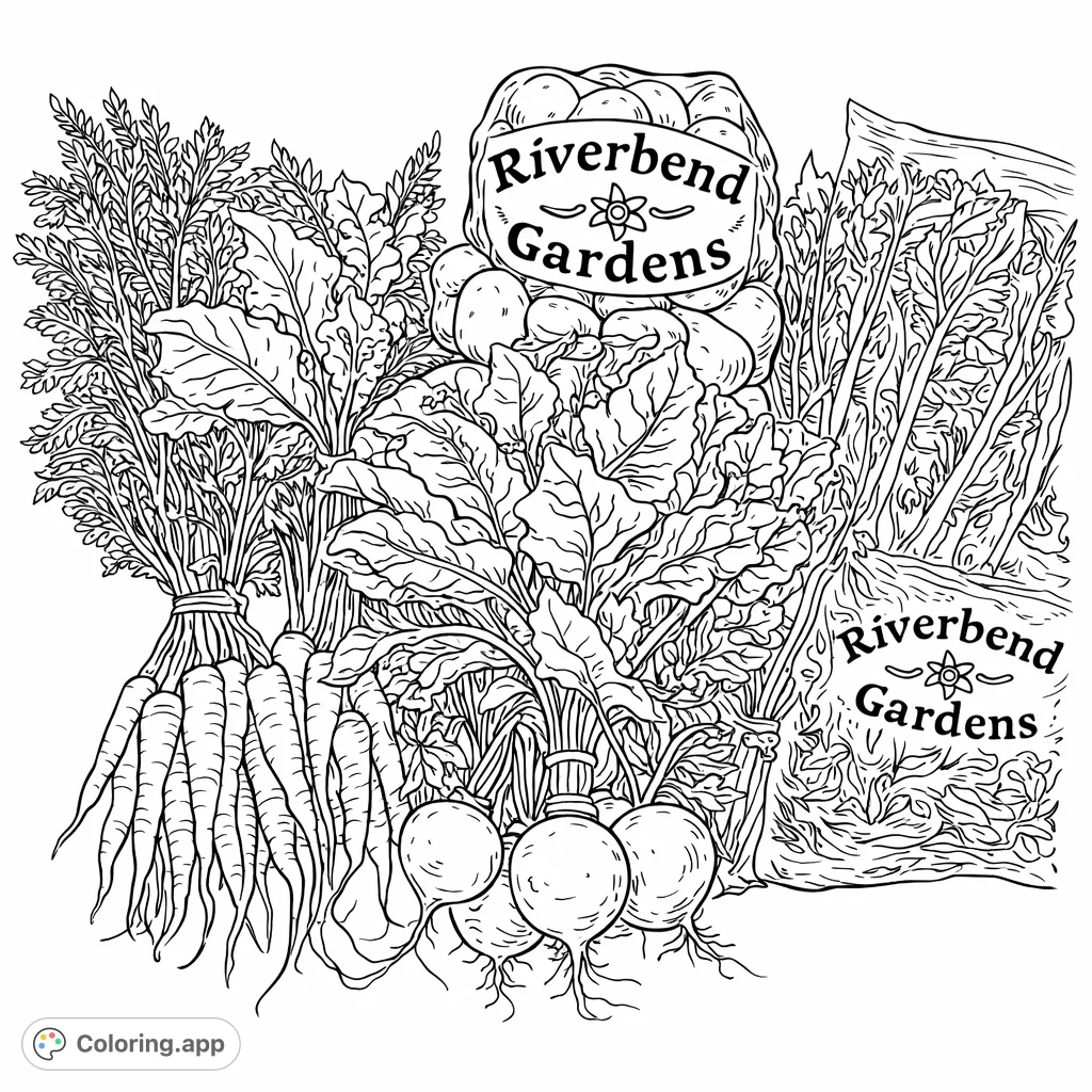 A delightful farm fresh produce coloring page featuring an assortment of vegetables like carrots, beets, and potatoes, laid out on a wooden surface.