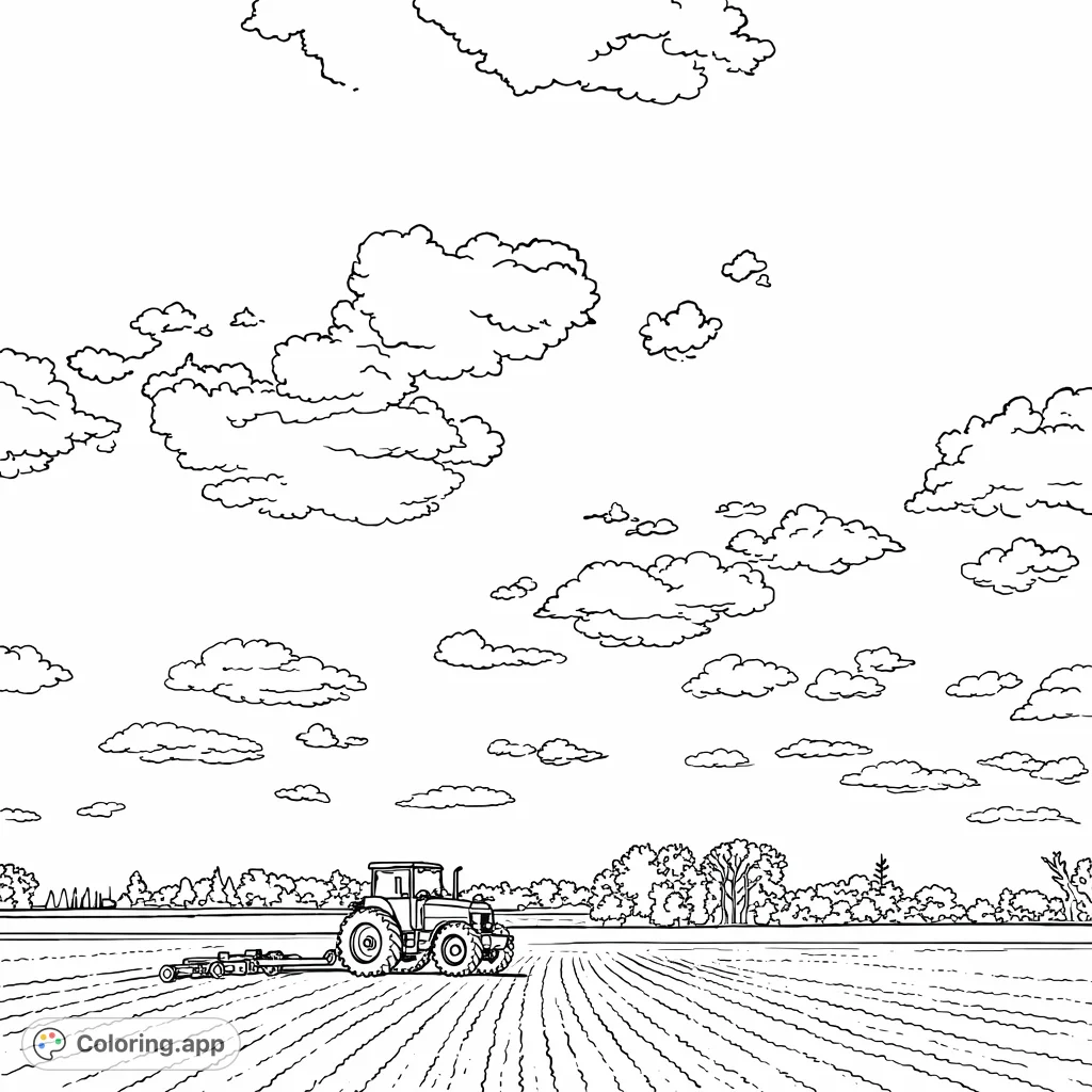 A detailed farming scene featuring a sturdy tractor pulling an implement across a freshly tilled field under a sky filled with fluffy clouds. Perfect for farm enthusiasts.